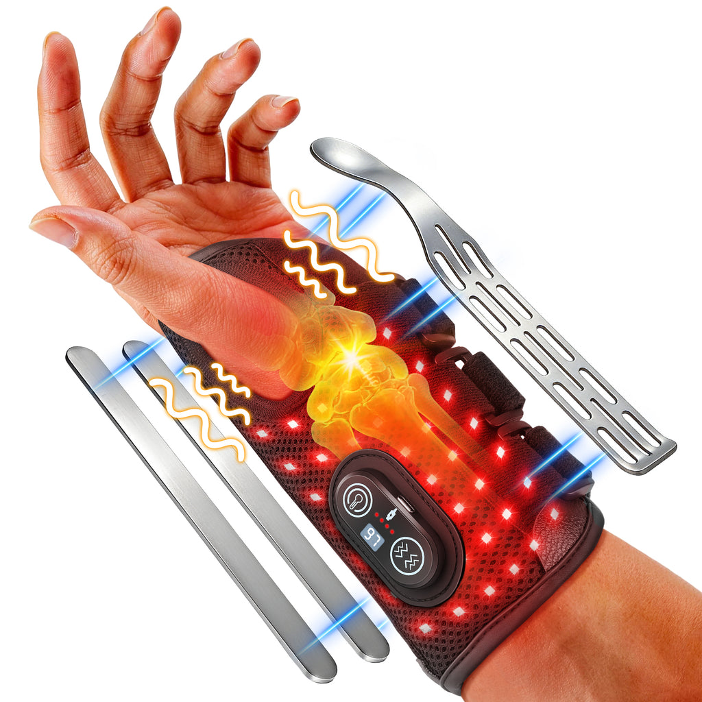 Red Light Therapy Wrist Brace with Heat & Massage, Carpal Tunnel Wrist Night Support with 3 Metal Splints for Women & Men, 3000mAh Controller 3-in-1 50 LEDs Infrared Light (Left Hand)