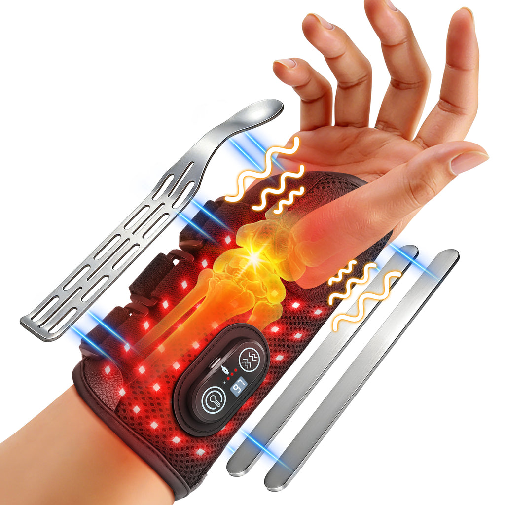 Red Light Therapy Wrist Brace with Heat &amp; Massage, Carpal Tunnel Wrist Night Support with 3 Metal Splints for Women &amp; Men, 3000mAh Controller 3-in-1 50 LEDs Infrared Light (Right Hand)