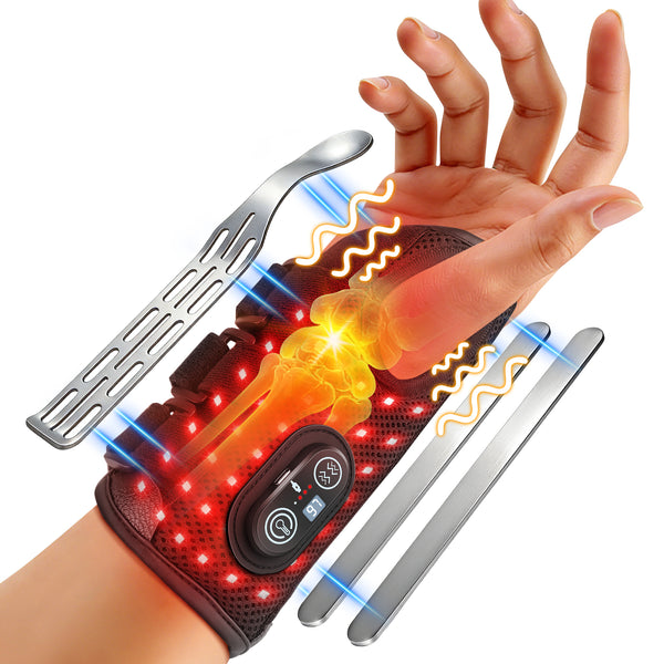 Red Light Therapy Wrist Brace with Heat &amp; Massage, Carpal Tunnel Wrist Night Support with 3 Metal Splints for Women &amp; Men, 3000mAh Controller 3-in-1 50 LEDs Infrared Light (Right Hand)