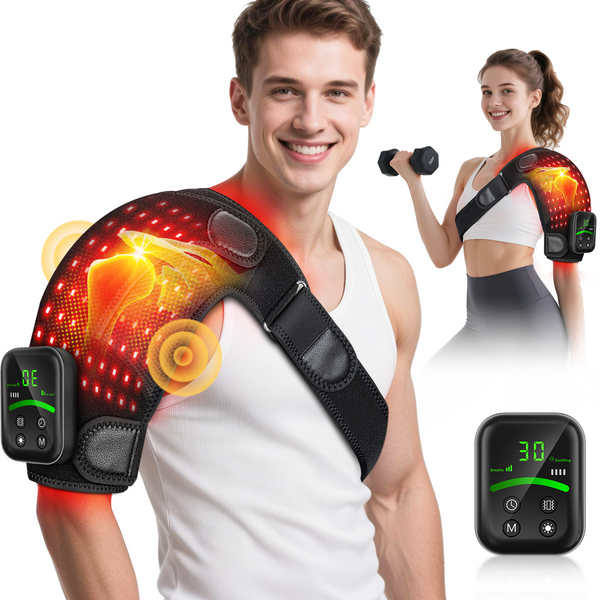 Upgraded Cordless Red Light Therapy for Shoulder with Massage, 5000mAh Controller 100 LEDs Infrared Heated Shoulder Wrap, Ergo Pressure Pad & 2 Extension Straps, Fits Left/Right Shoulders, Black
