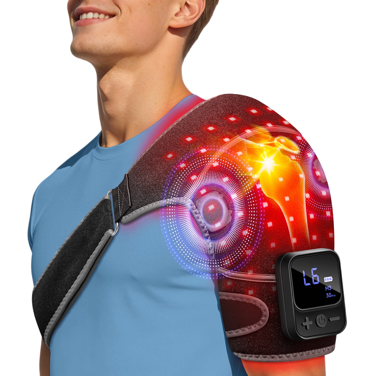 Red Light Therapy for Shoulder with Heat & Massage, 5000mAh Controller Infrared Light with 3-in-1 72 LEDs Portable Shoulder Wrap, 2 Extension Wrap (M/XL), Black