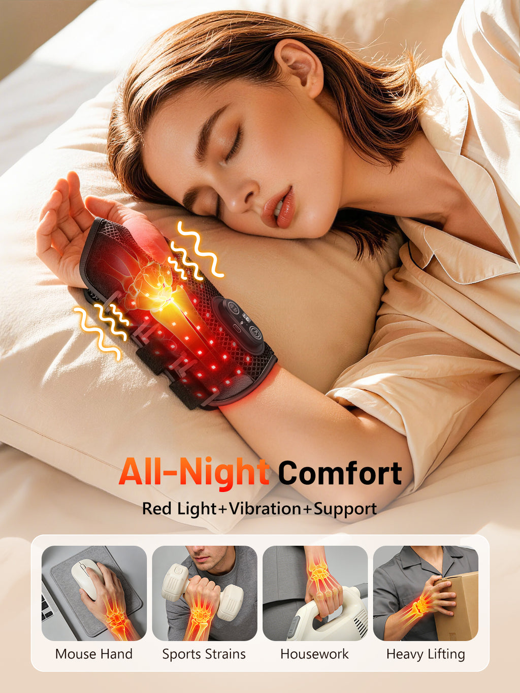 Red Light Therapy Wrist Brace with Heat &amp; Massage, Carpal Tunnel Wrist Night Support with 3 Metal Splints for Women &amp; Men, 3000mAh Controller 3-in-1 50 LEDs Infrared Light (Right Hand)