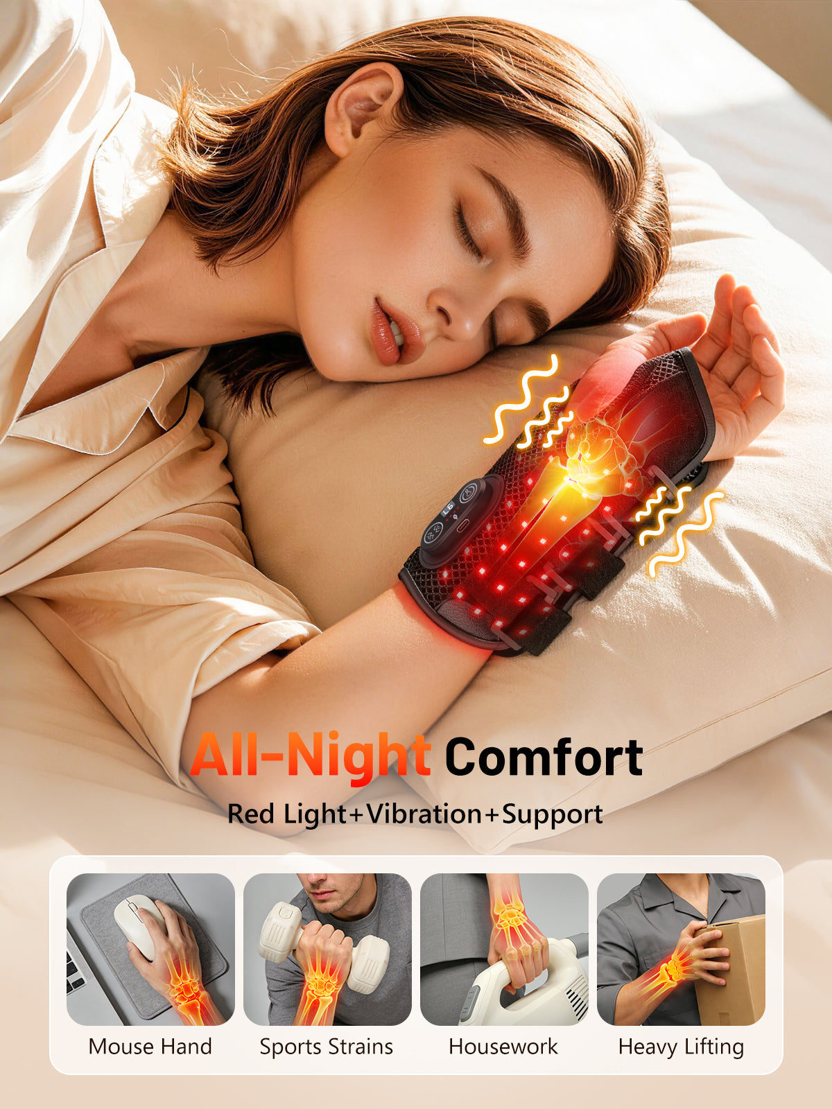 Red Light Therapy Wrist Brace with Heat & Massage, Carpal Tunnel Wrist Night Support with 3 Metal Splints for Women & Men, 3000mAh Controller 3-in-1 50 LEDs Infrared Light (Left Hand)