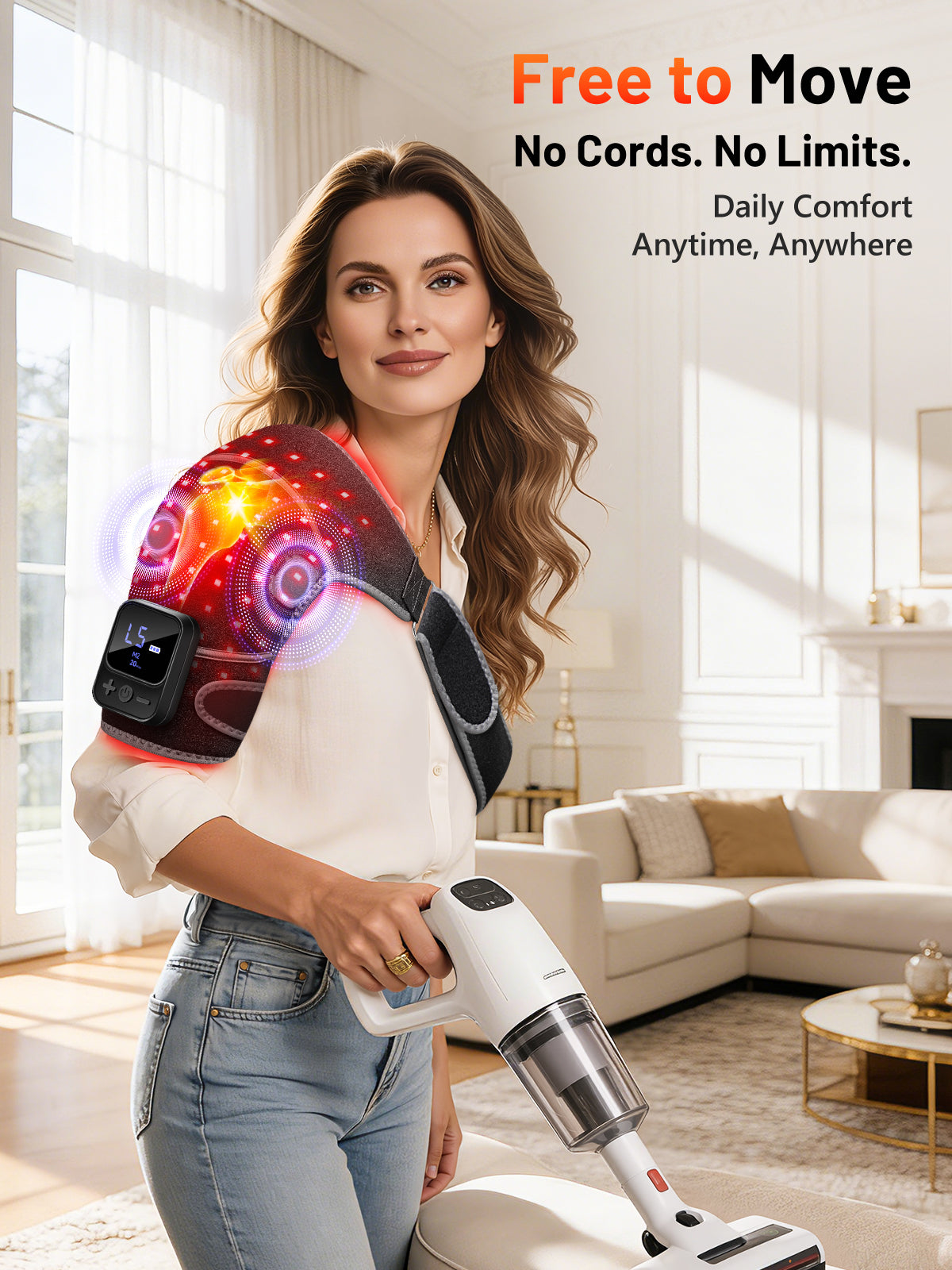 Red Light Therapy for Shoulder with Heat & Massage, 5000mAh Controller Infrared Light with 3-in-1 72 LEDs Portable Shoulder Wrap, 2 Extension Wrap (M/XL), Black
