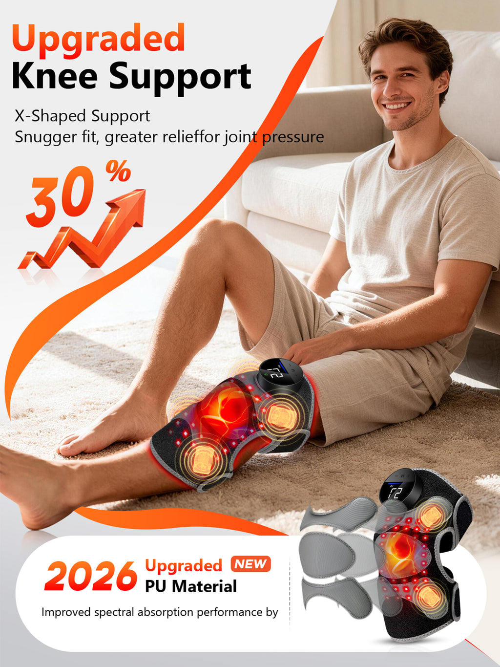 Upgrade Knee Massager with Heat 4 Vibration & Red Light Therapy Knee Brace, X-Shape boosts Light Absorption by 30%, Cordless 660nm&850nm Infrared Light Therapy Knee Wrap for Elbow/Shoulder Black