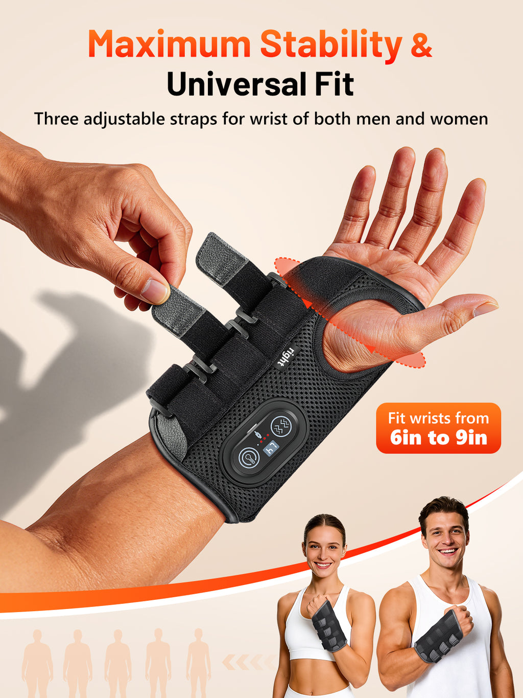 Red Light Therapy Wrist Brace with Heat &amp; Massage, Carpal Tunnel Wrist Night Support with 3 Metal Splints for Women &amp; Men, 3000mAh Controller 3-in-1 50 LEDs Infrared Light (Right Hand)