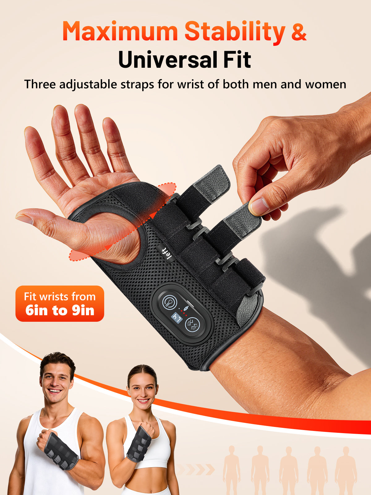 Red Light Therapy Wrist Brace with Heat & Massage, Carpal Tunnel Wrist Night Support with 3 Metal Splints for Women & Men, 3000mAh Controller 3-in-1 50 LEDs Infrared Light (Left Hand)