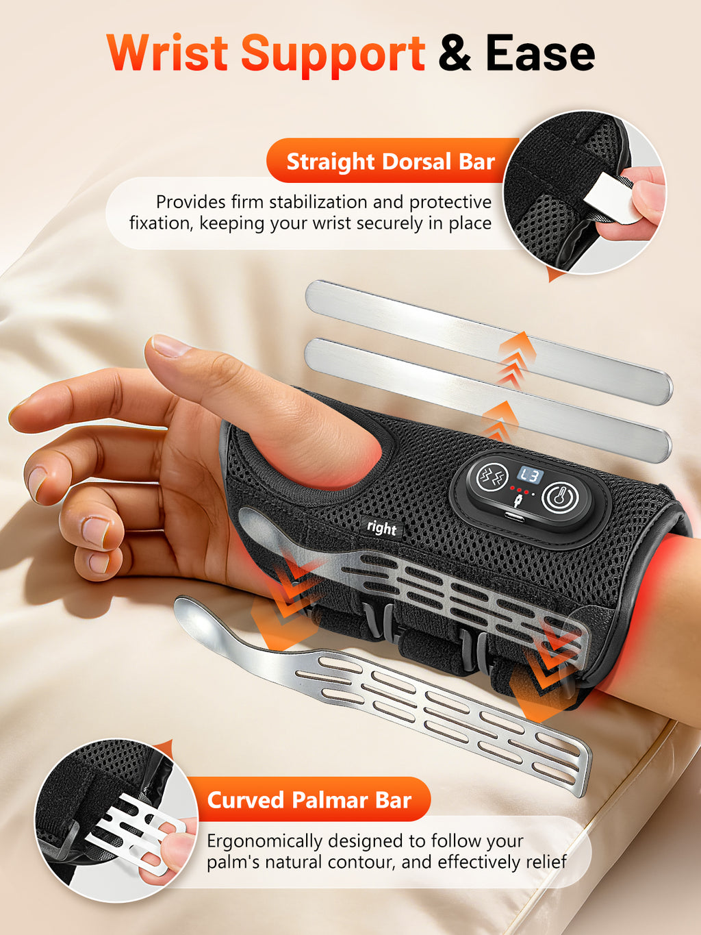 Red Light Therapy Wrist Brace with Heat &amp; Massage, Carpal Tunnel Wrist Night Support with 3 Metal Splints for Women &amp; Men, 3000mAh Controller 3-in-1 50 LEDs Infrared Light (Right Hand)