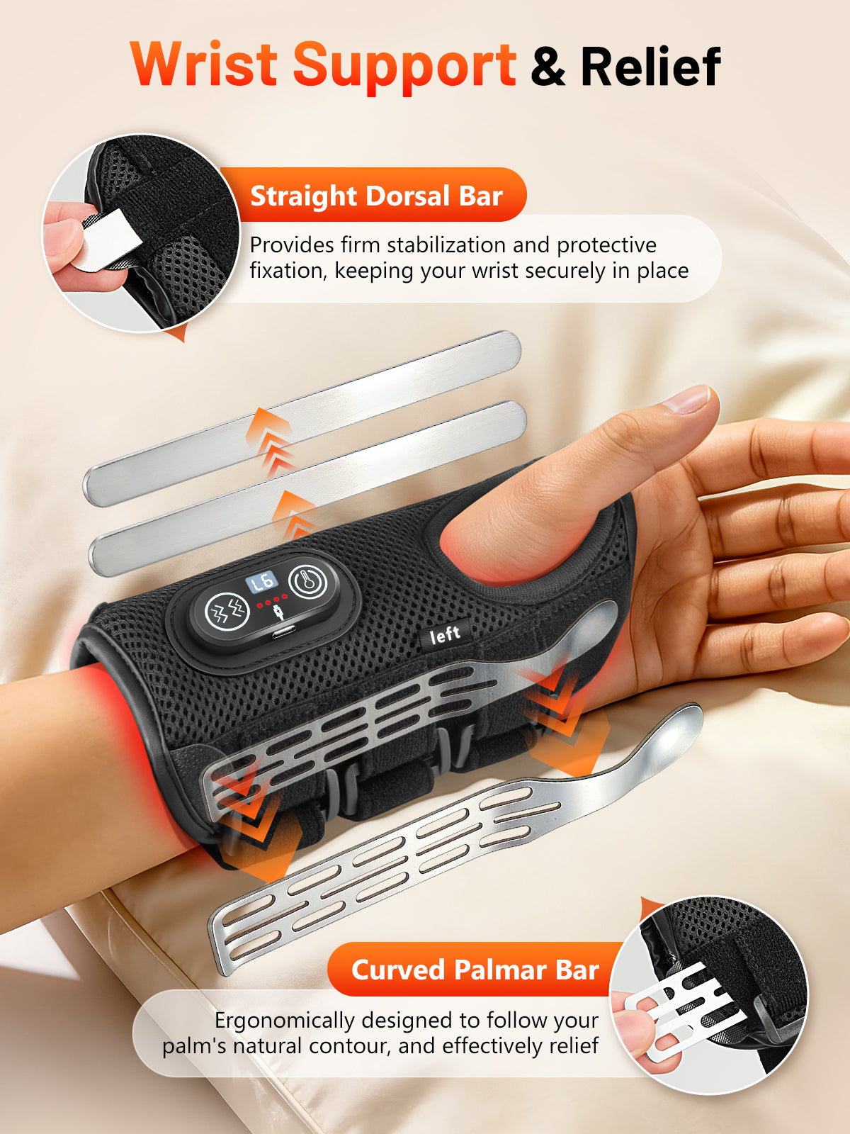 Red Light Therapy Wrist Brace with Heat & Massage, Carpal Tunnel Wrist Night Support with 3 Metal Splints for Women & Men, 3000mAh Controller 3-in-1 50 LEDs Infrared Light (Left Hand)
