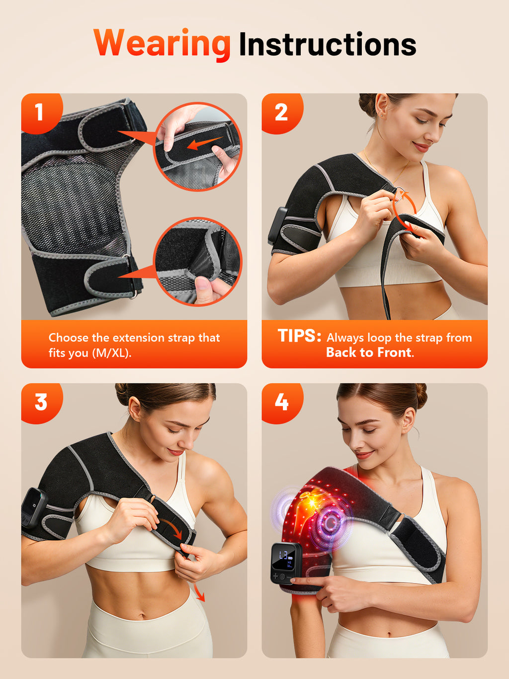 Red Light Therapy for Shoulder with Heat & Massage, 5000mAh Controller Infrared Light with 3-in-1 72 LEDs Portable Shoulder Wrap, 2 Extension Wrap (M/XL), Black