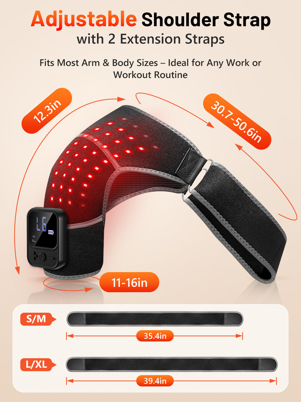 Red Light Therapy for Shoulder with Heat & Massage, 5000mAh Controller Infrared Light with 3-in-1 72 LEDs Portable Shoulder Wrap, 2 Extension Wrap (M/XL), Black